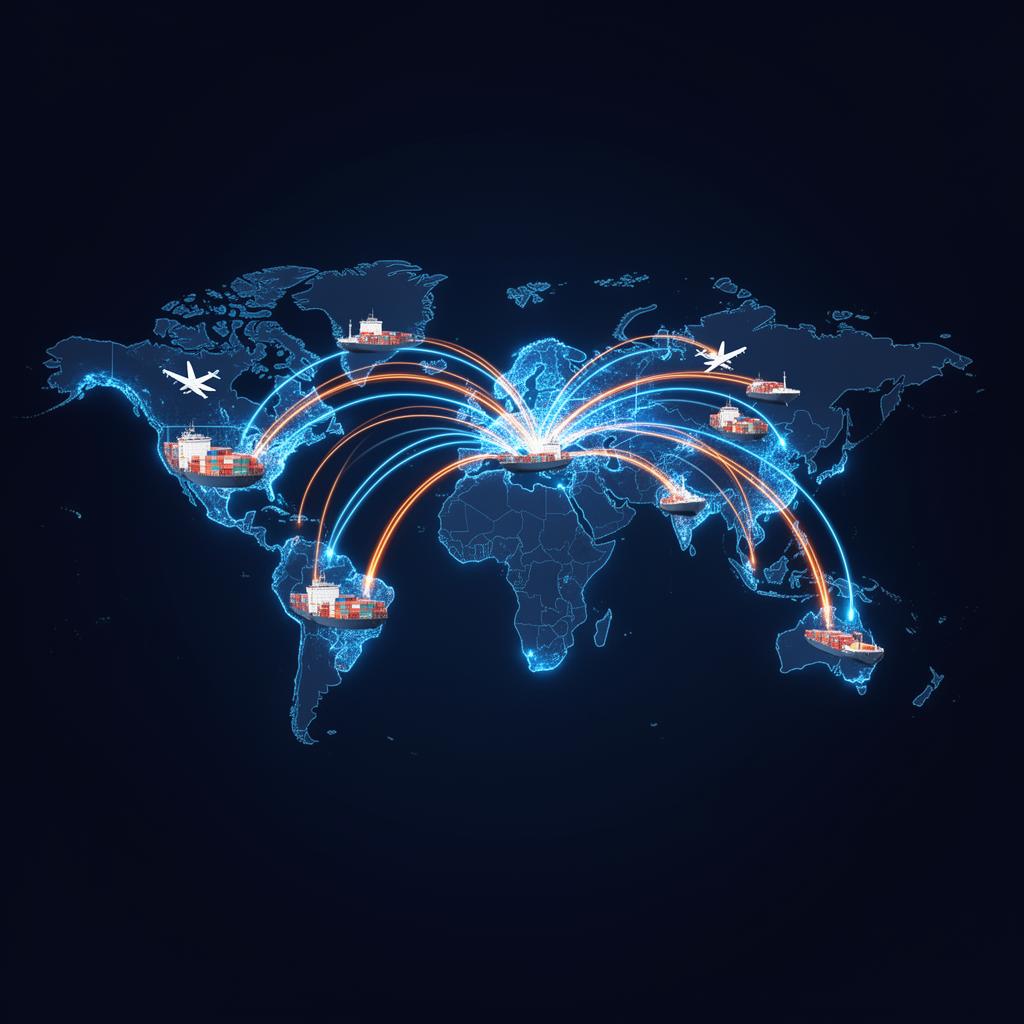 Global logistics network world map with shipping routes connecting major ports
