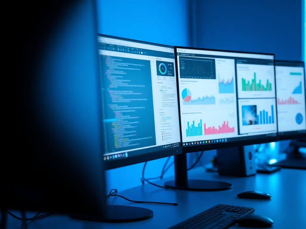 Multiple monitors showing code editor and analytics dashboards in a blue-lit workstation